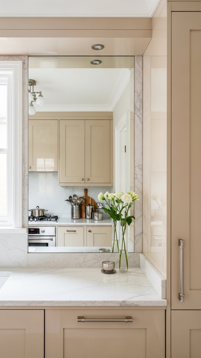 Beige kitchen with large frameless mirror acting as faux window reflecting light and creating depth illusion
