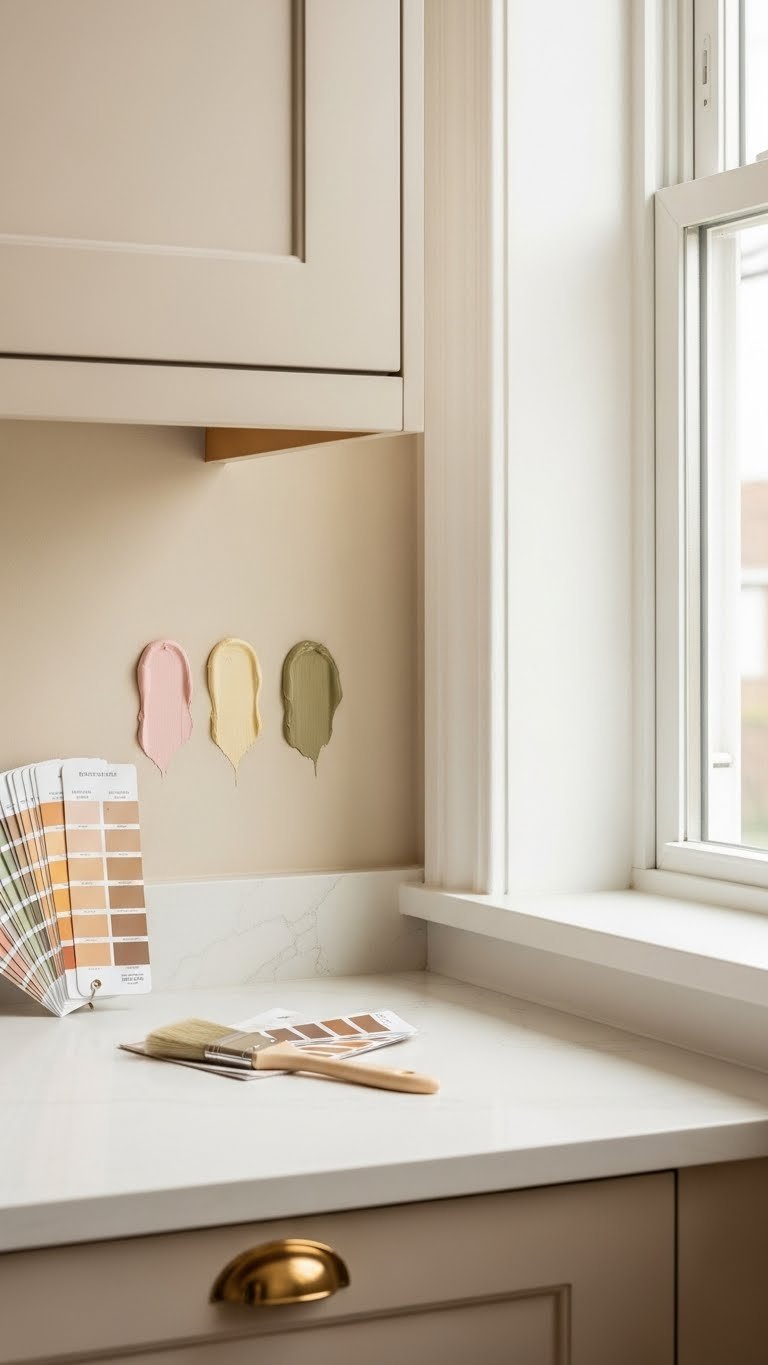Beige paint swatches with different undertones applied to kitchen wall showing natural light effects