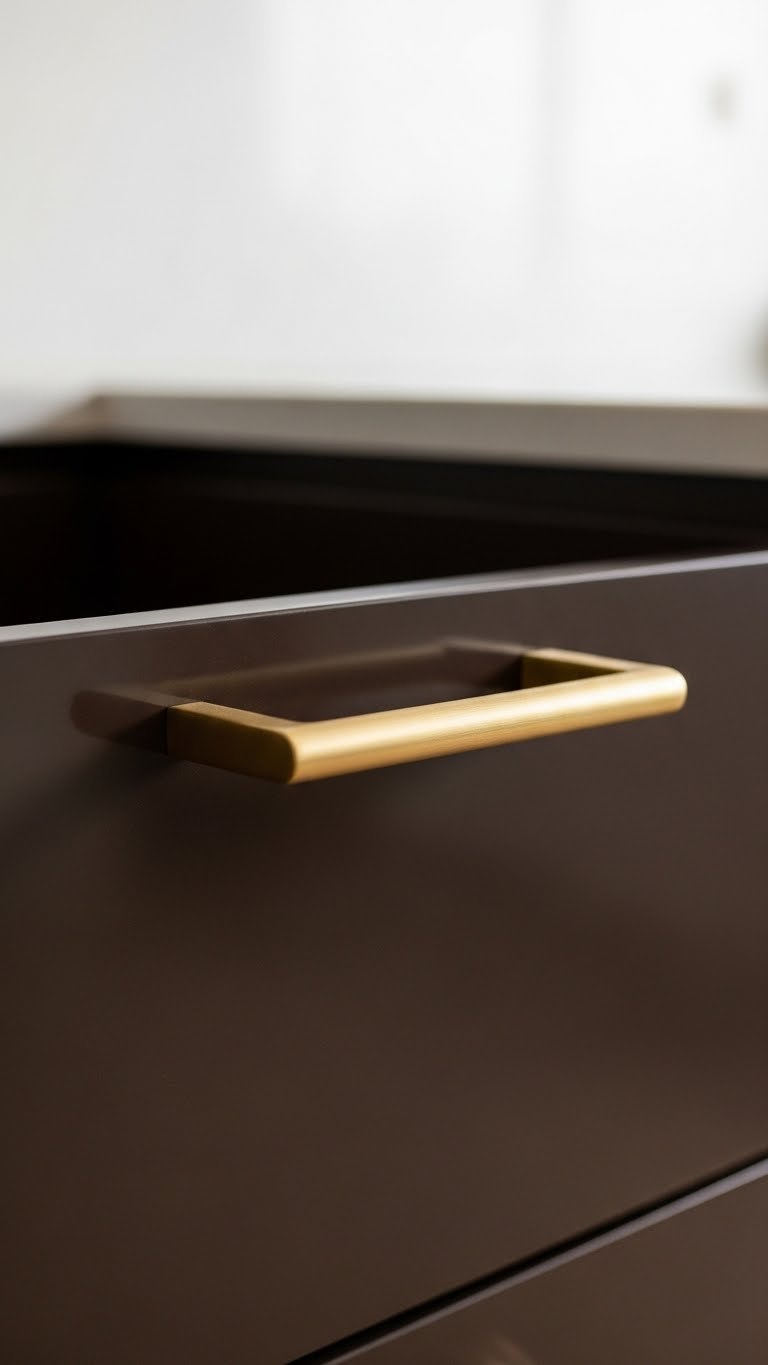 Bespoke dark brown kitchen cabinetry with a modern brushed gold cabinet pull, highlighting elegant hardware and rich wood finish.