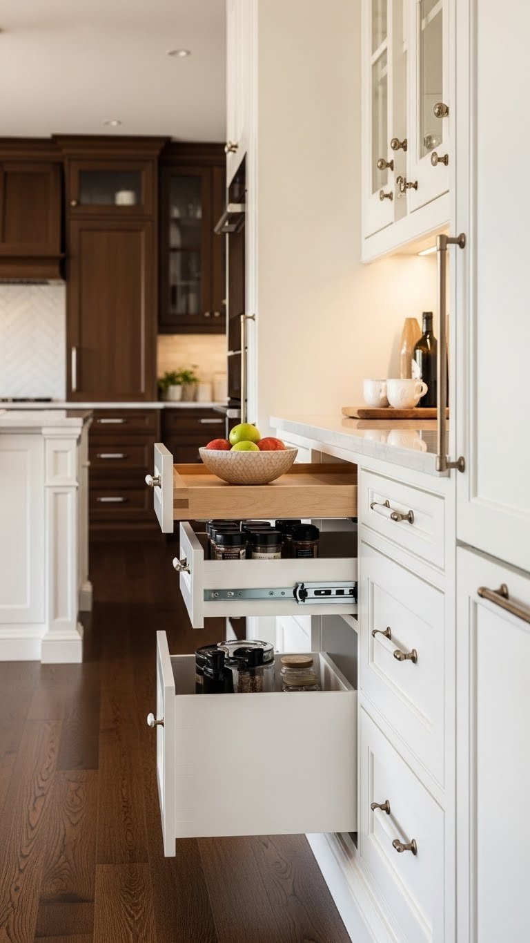 Bespoke white kitchen pantry cabinetry with intricate detailing, unique drawers, integrated appliance garages, and elegant white hardware.