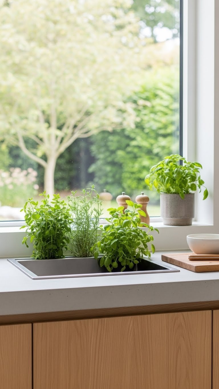 Biophilic Scandinavian kitchen peninsula with integrated herb planters and garden view through window
