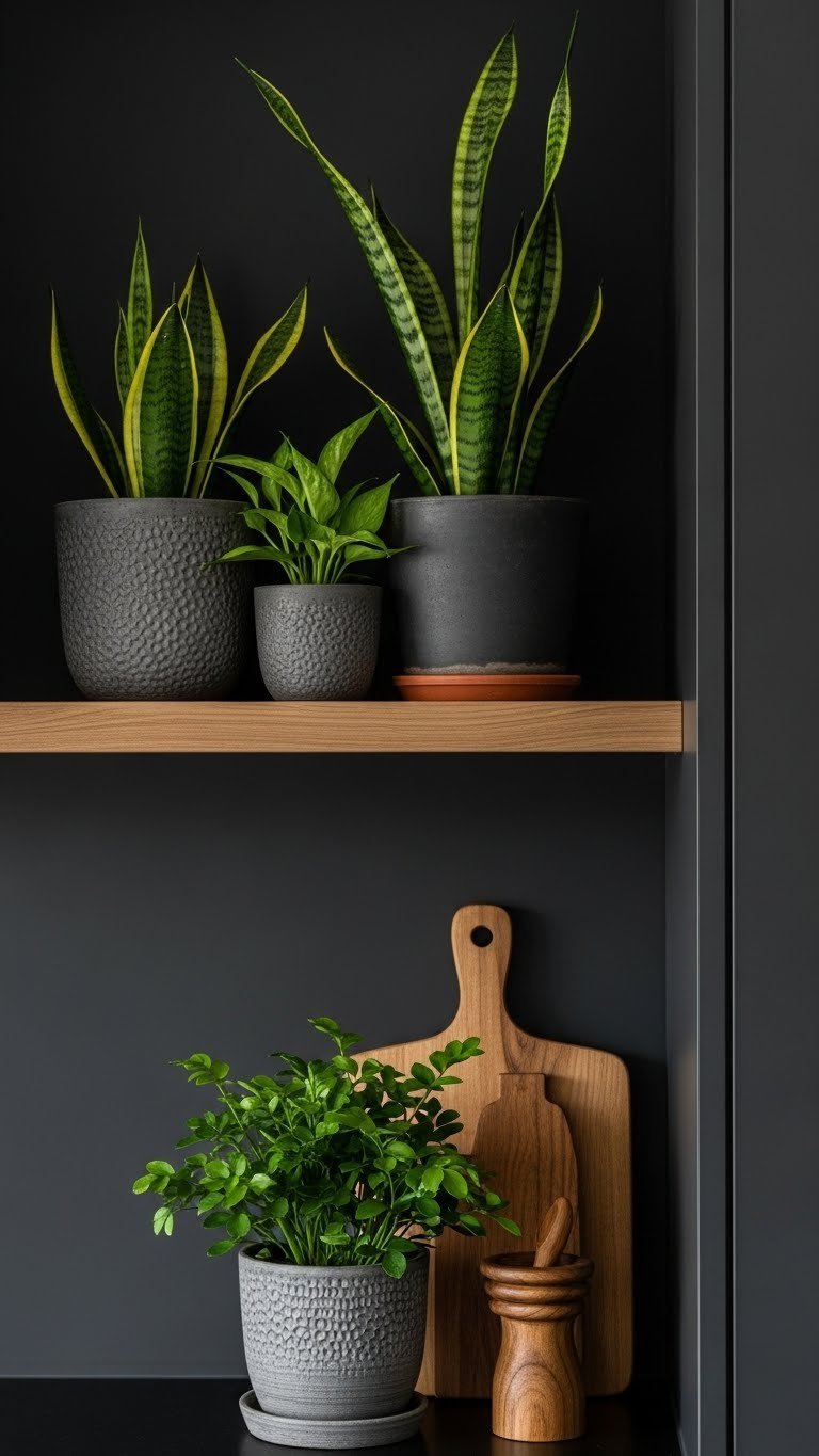 Biophilic dark kitchen decor: potted snake plants, warm wood accents, and clay pots on a shelf against a dark wall.
