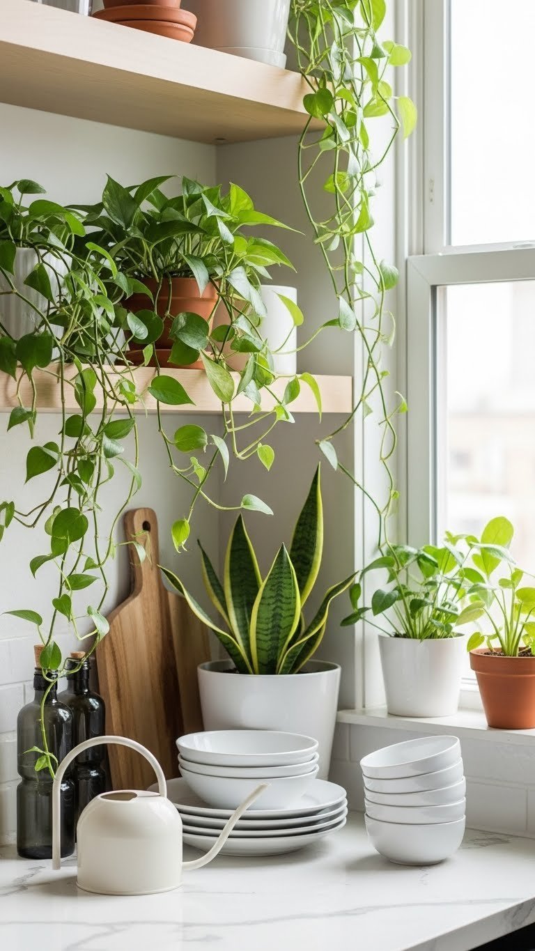 Small Office Kitchen: 11 Smart Ideas For Max Productivity 21 Biophilic office kitchen with lush potted plants and natural light on clean minimalist surfaces