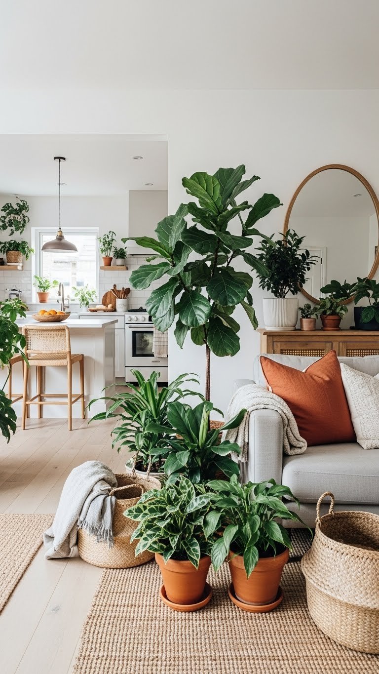 Biophilic open kitchen living room: lush indoor plants, natural wood, textured fabrics. Fresh greens, terracotta, cozy organic design.