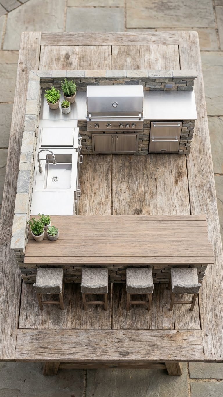 Outdoor Kitchen With Bar Complete Planning Design Guide 3 Bird's-eye view of detailed 3D architectural plan showing L-shaped outdoor kitchen with grill, refrigerator, and bar stools