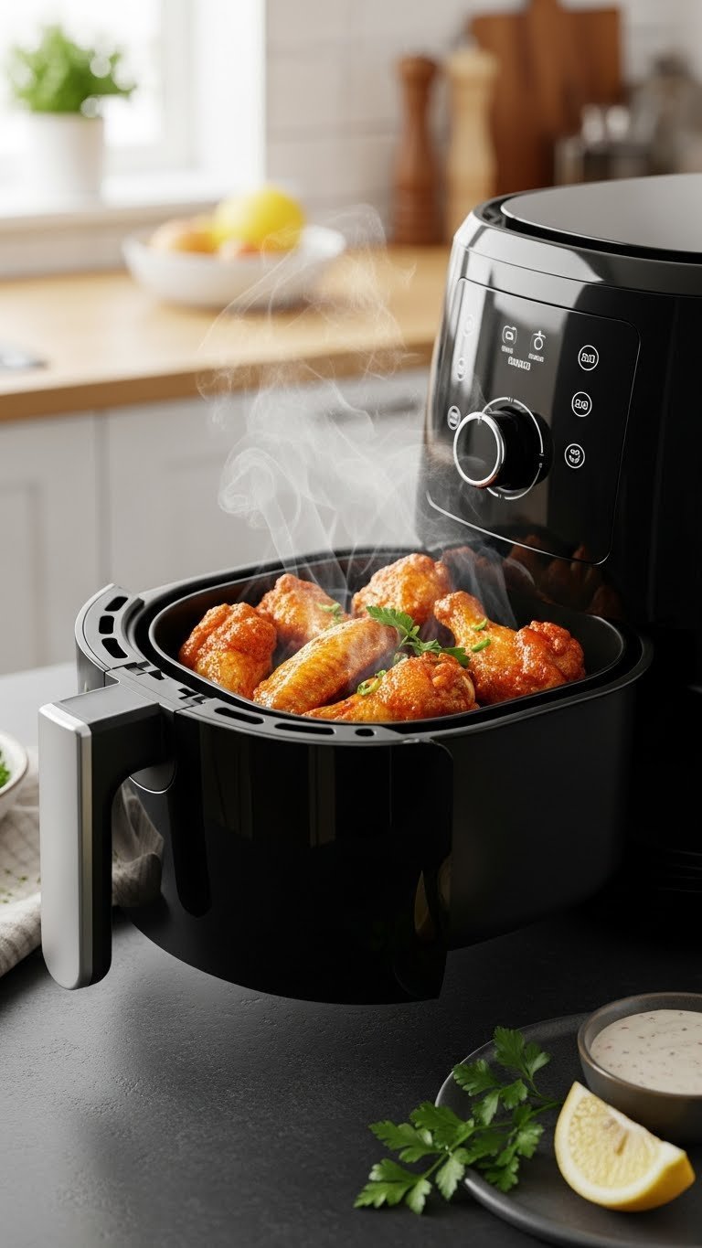 Black air fryer showcasing crispy golden chicken wings with steam rising from basket