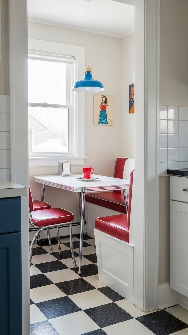 Black and white checkerboard flooring leading to a cozy diner-style breakfast nook in a retro kitchen space