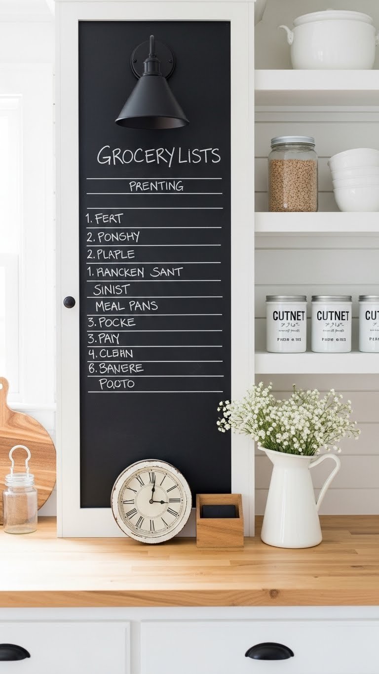 11 Farmhouse Kitchen Pantry Ideas: Design, Organize, &Amp; Style 17 Black chalkboard accent wall in a farmhouse pantry with white chalk grocery lists, surrounded by white cabinets.
