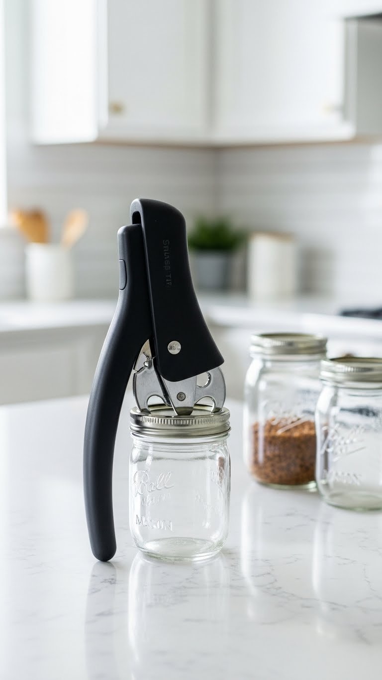 Black ergonomic jar opener gripping mason jar lid on quartz countertop in minimalist kitchen interior