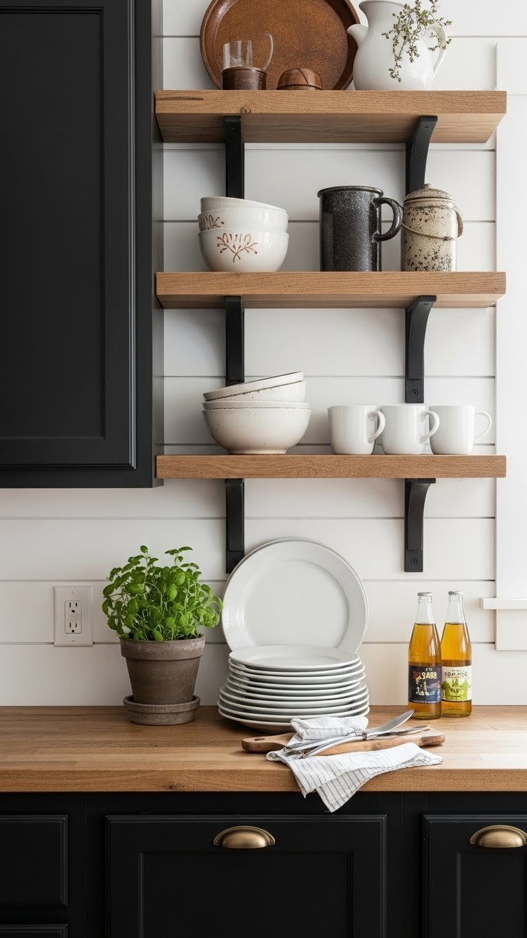 Black farmhouse kitchen with rustic open wood shelving displaying vintage ceramic bowls and hand-forged hardware