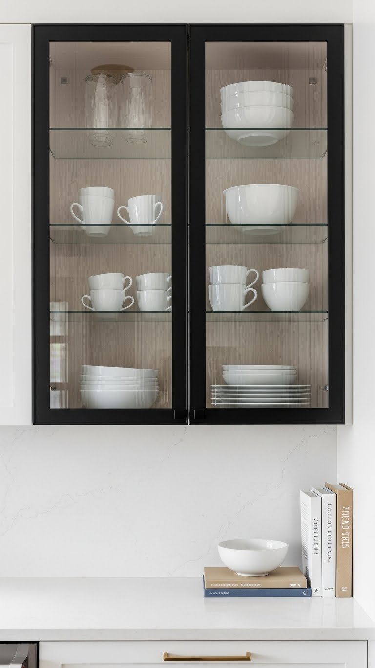 Black-framed glass-front upper cabinets revealing white dishware with internal lighting in modern kitchen