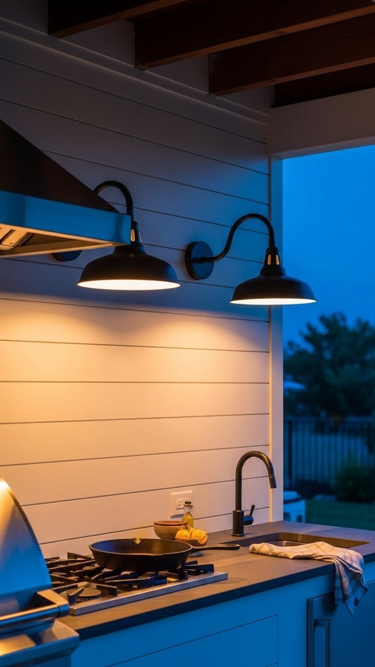 Outdoor Kitchen Modern Farmhouse 11 Stunning Design Ideas 21 Black gooseneck barn lights illuminating outdoor kitchen counter at dusk with warm glow