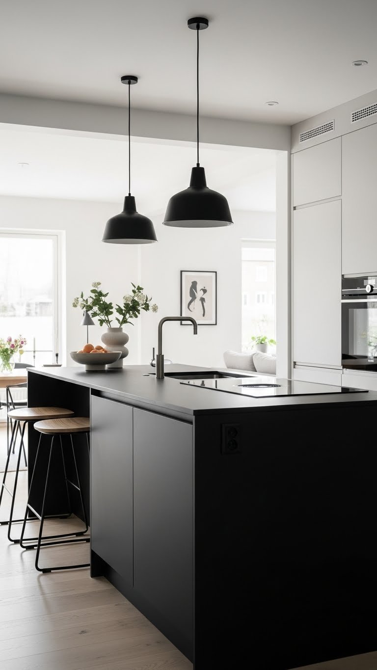Black kitchen island centerpiece with bar stools and fruit bowl in open-plan Scandinavian kitchen layout