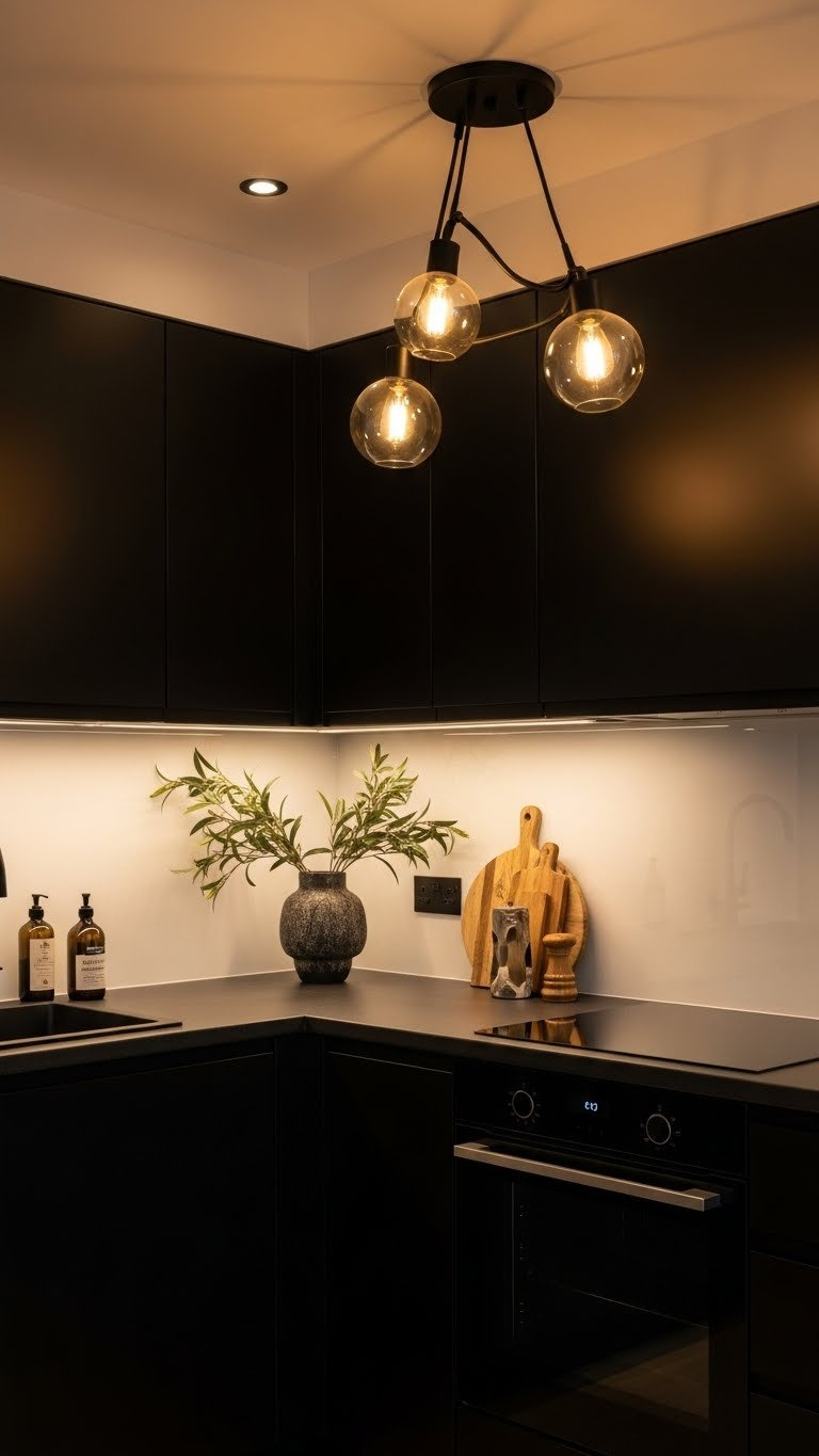 Black kitchen with layered LED under-cabinet lighting, pendant light, and recessed ceiling illumination creating cozy atmosphere.
