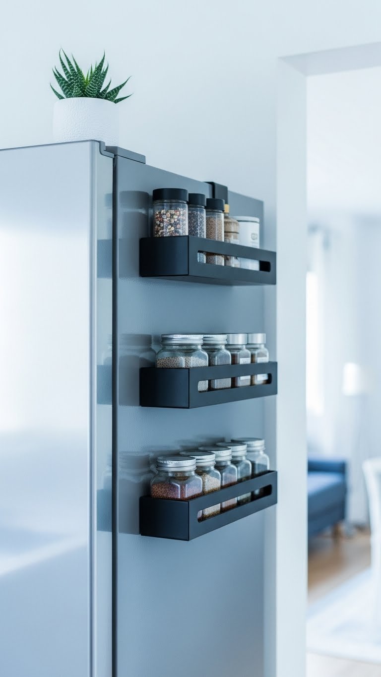 Black magnetic spice rack shelf with glass jars attached to stainless steel refrigerator in minimalist kitchen interior
