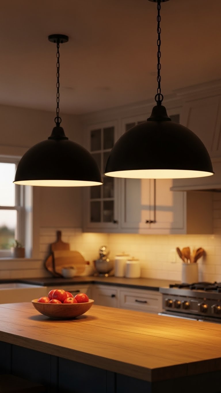 Black metal dome pendant lights hanging over rustic wooden kitchen island casting warm evening glow