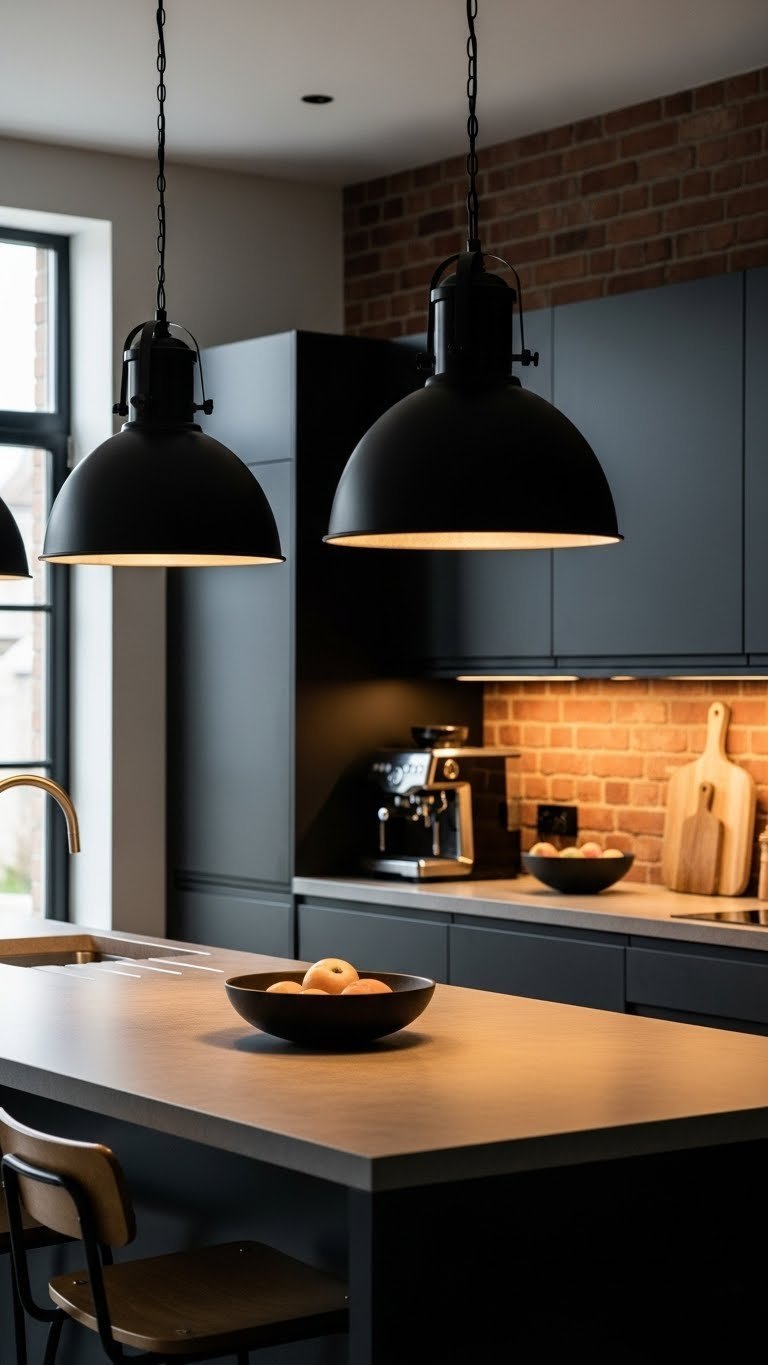 Scandi Industrial Kitchen Design: 9 Proven Ways To Maximize Style 7 Black metal dome-shaped industrial pendant lights over kitchen island with exposed brick backdrop