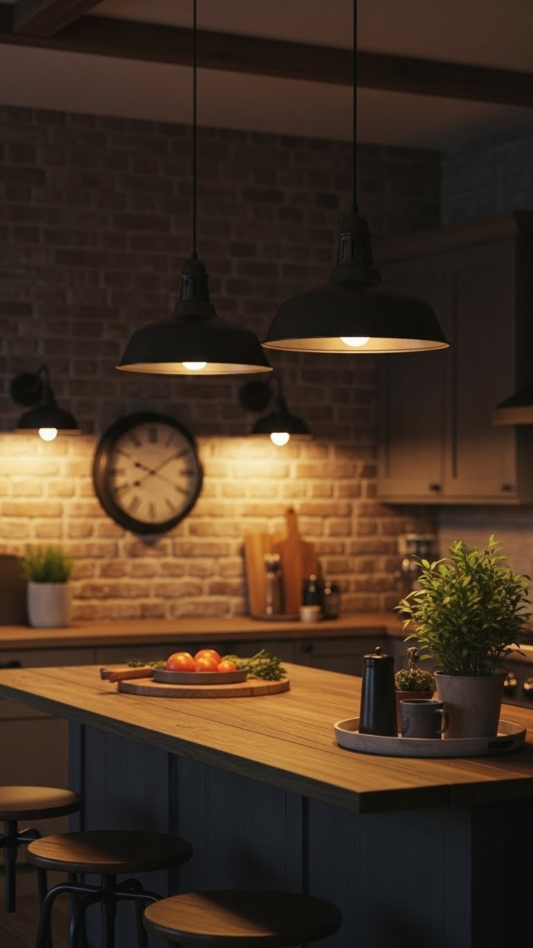 Black metal industrial pendant lights hanging over rustic kitchen island with warm golden hour lighting