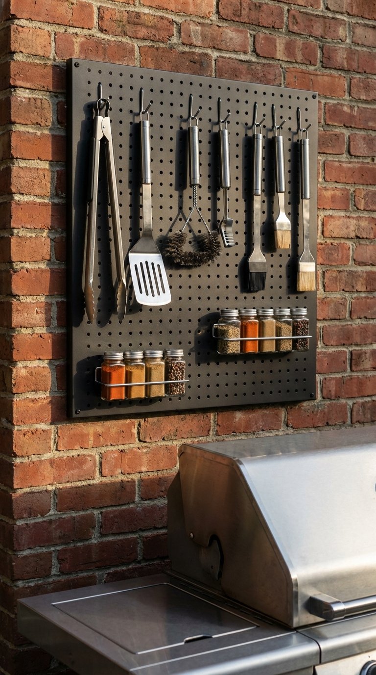 Black metal pegboard wall organizer with grilling tools and spice rack