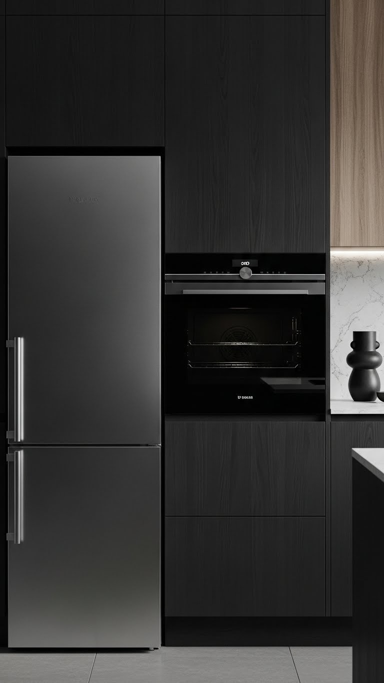 Dark Kitchen Aesthetic Secrets To Chic Home Design 15 Black stainless steel refrigerator and integrated oven flush with deep charcoal cabinetry. Sleek, seamless dark kitchen design.