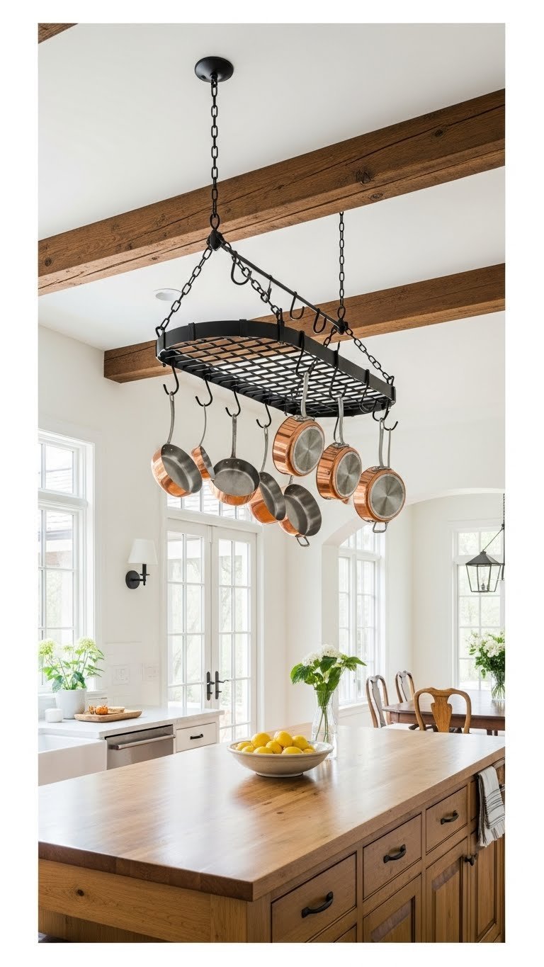 Black wrought iron hanging pot rack with copper cookware in spacious Tuscan-style kitchen