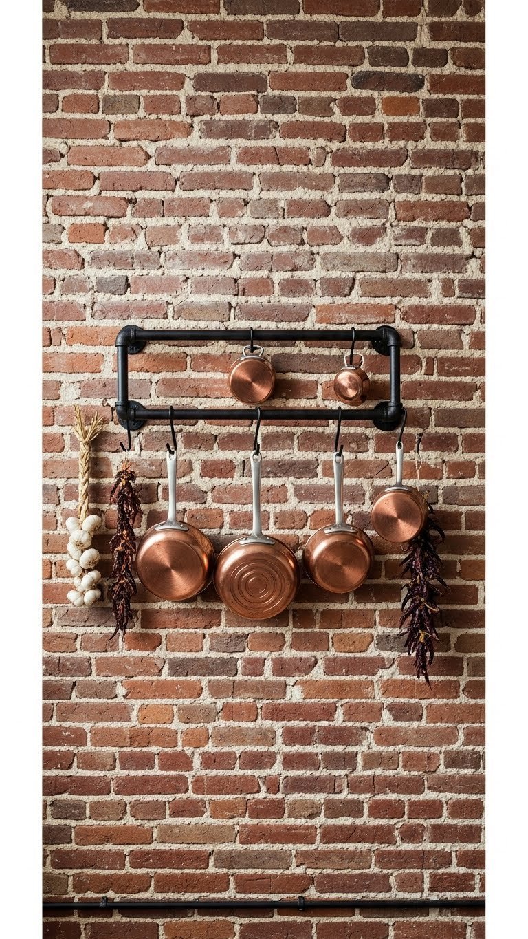 9 Proven Kitchen Gadgets Diy Projects For December 2025 11 Black wrought iron pot rack with copper cookware hanging on exposed brick wall with garlic braids and chili peppers.