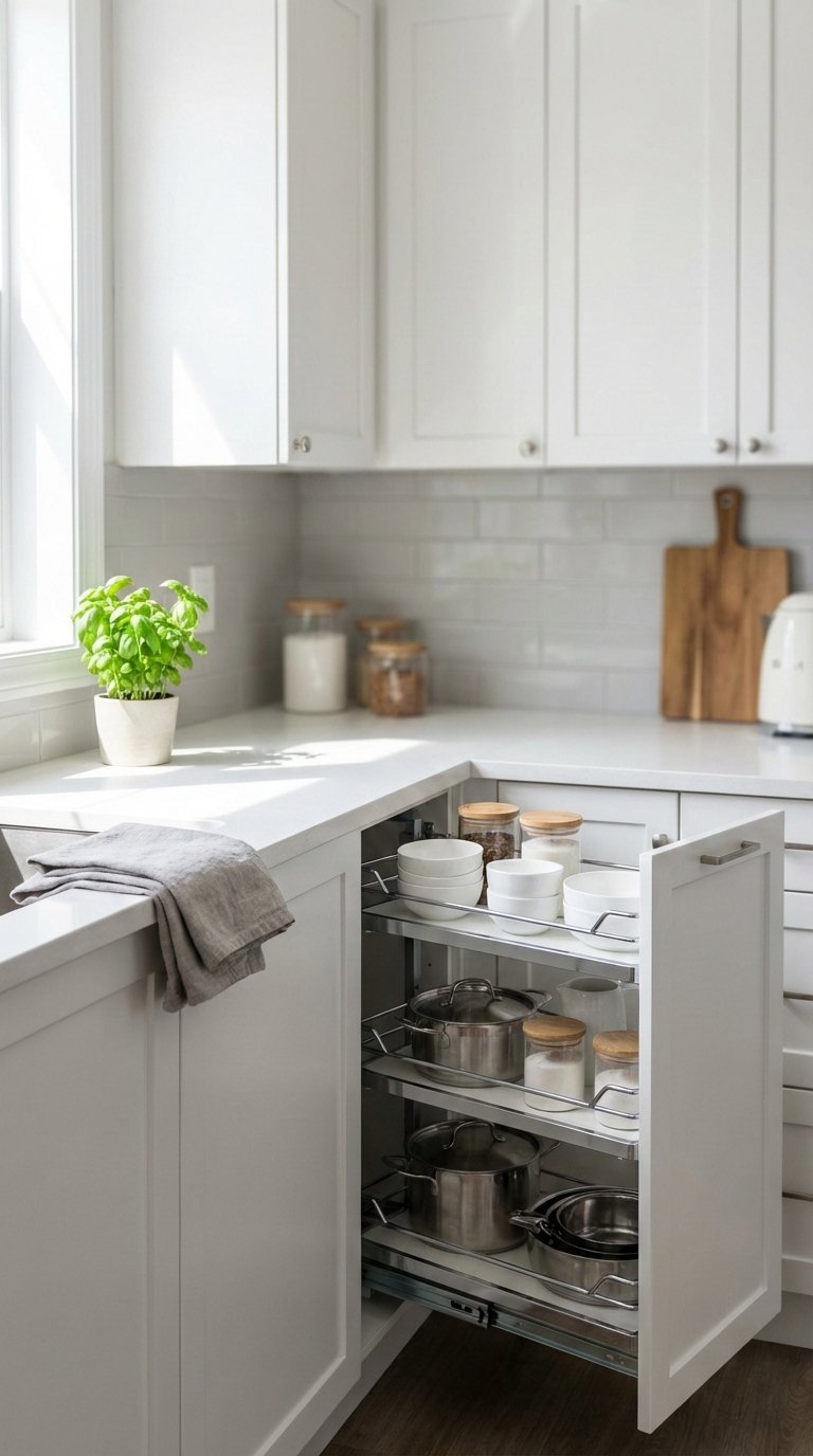 Small Kitchen Cabinets: 5 Essential Storage &Amp; Design Ideas 4 Blind corner cabinet carousel insert displaying neatly arranged kitchen items in corner storage solution