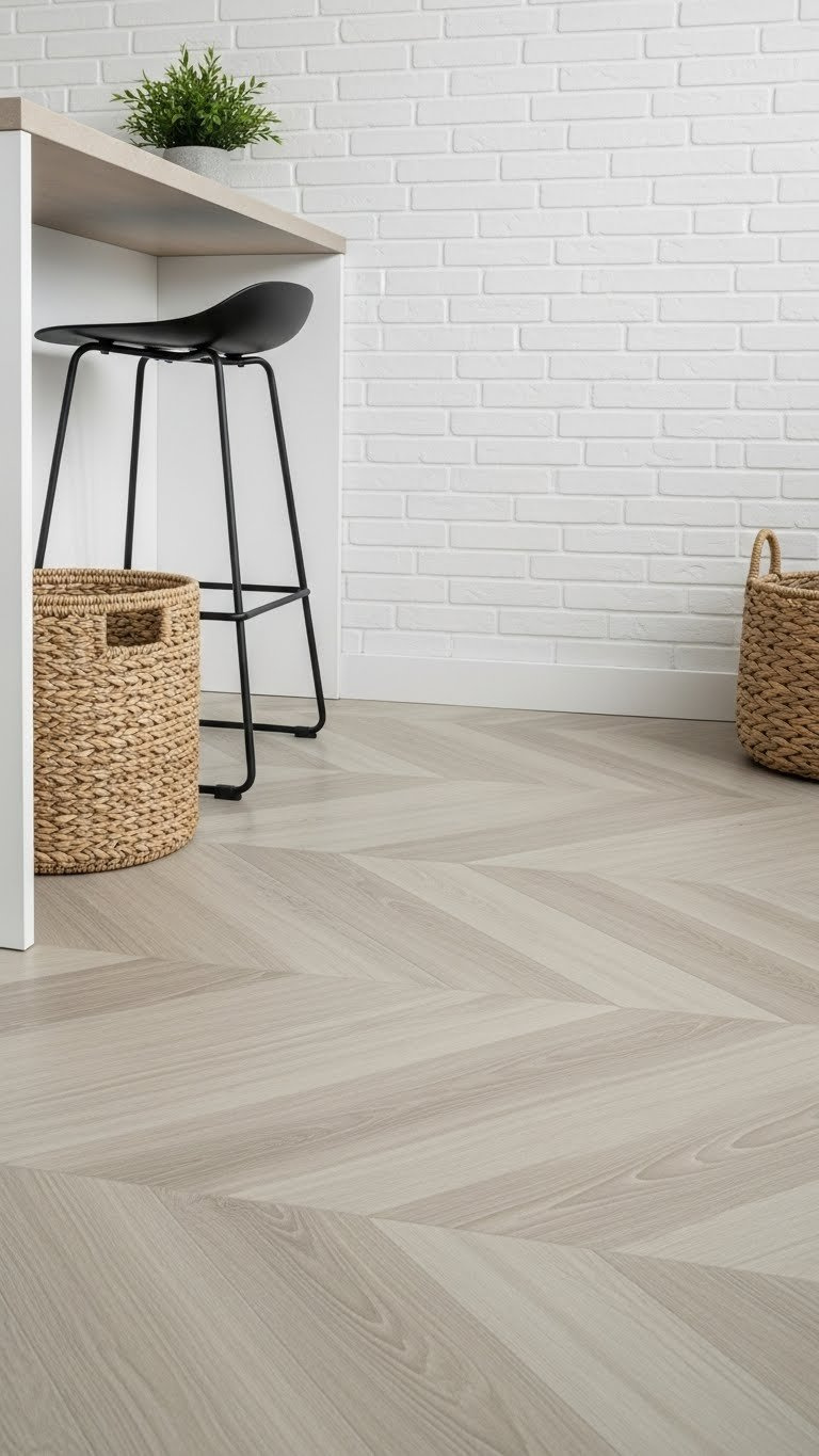 Bloxburg kitchen corner featuring herringbone wood floor and white brick accent wall with modern stool and plants
