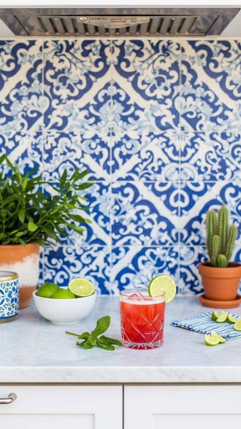 Outdoor Kitchen Tile Backsplash Ideas Materials And Installation Guide 9 Blue and white patterned porcelain tile backsplash with cocktail garnishes on white marble outdoor bar counter