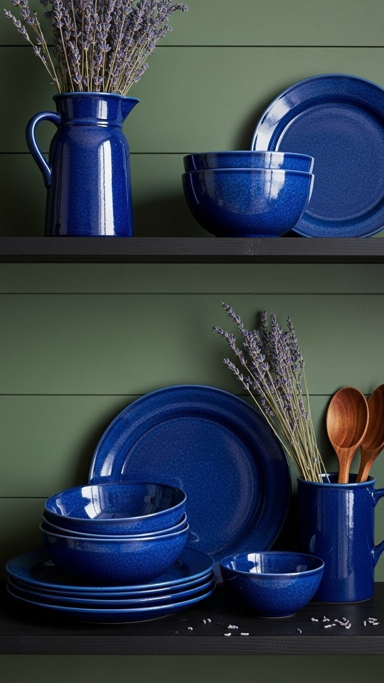 Blue rustic decor: indigo ceramic plates on dark shelving, green shiplap. Charming dark cottagecore kitchen.