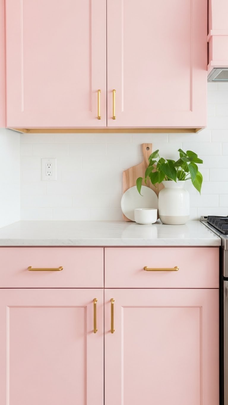 Proven Pink Small Kitchen Ideas: 9 Ways To Maximize Space 1 Blush pink kitchen cabinets with gold bar pull hardware in a compact kitchen with white marble countertop and green plant.