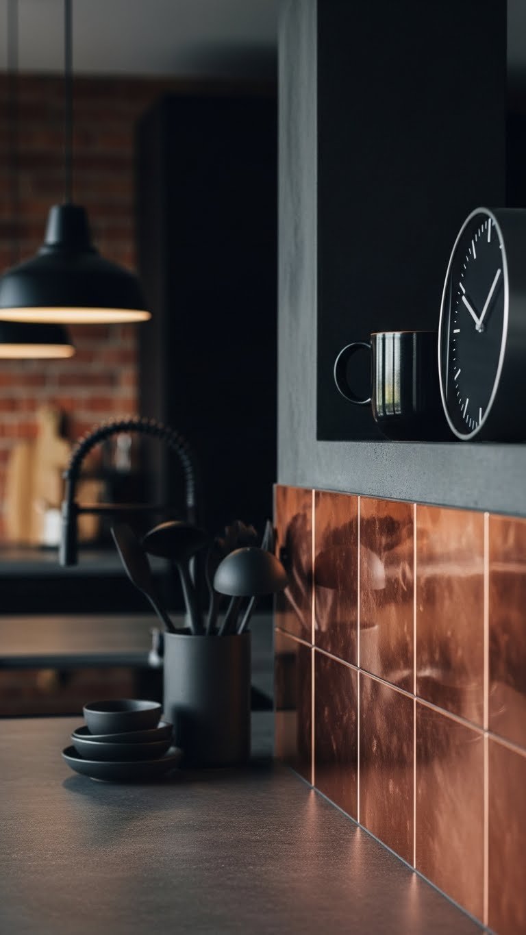 Bold copper-accented kitchen backsplash with aged metallic tiles, black utensils, and dramatic side lighting on dark concrete