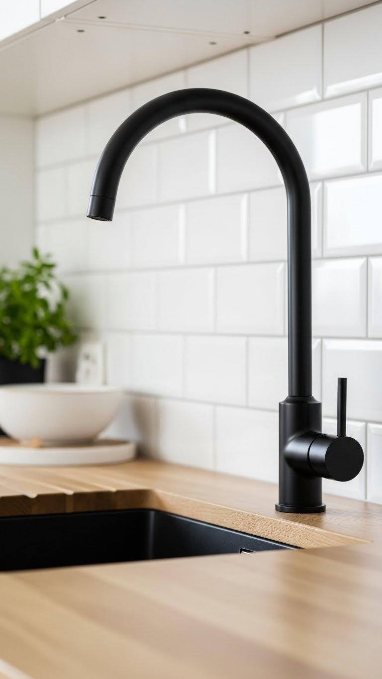 Bold matte black kitchen tap contrasting against white subway tile backsplash on light butcher block countertop in modern design.