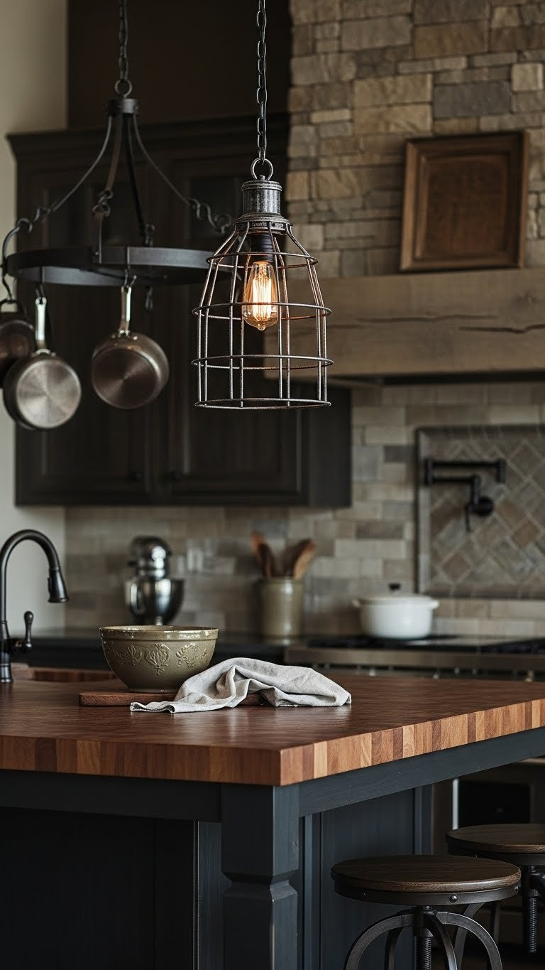 Bold metal cage pendant light with distressed finish hanging over dark butcher block kitchen island