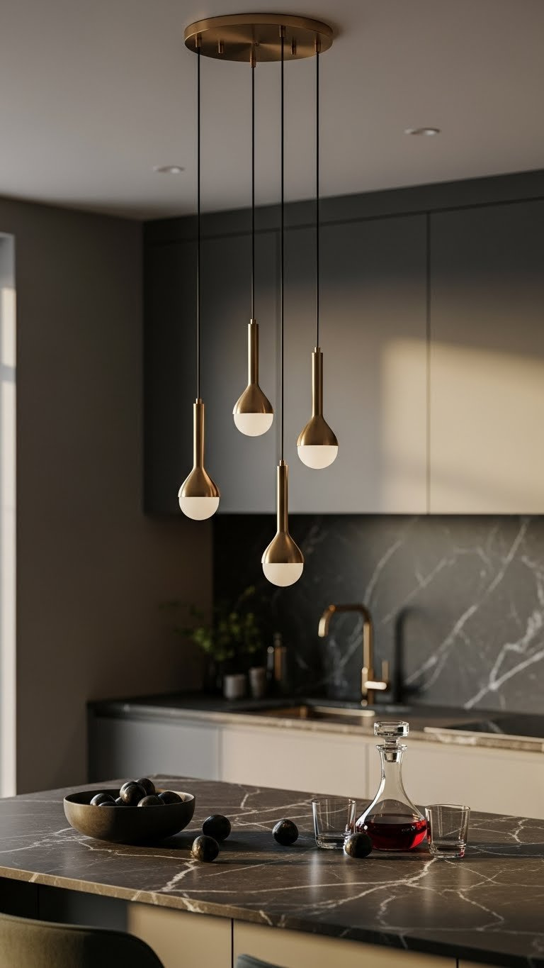 Brass accent multi-pendant cluster light with 3-5 scandi pendants suspended over dark marble island