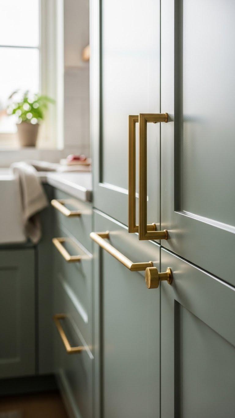 Brass hardware handles on matte sage green kitchen cabinets with light wood countertop details