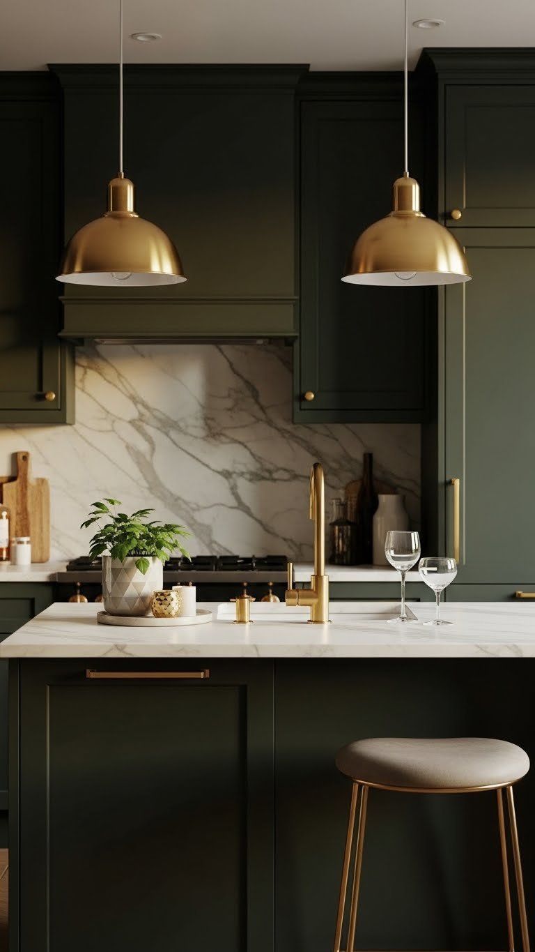 Brass pendant lights and cabinet pulls on dark high-gloss cabinetry creating warm sophisticated kitchen ambiance