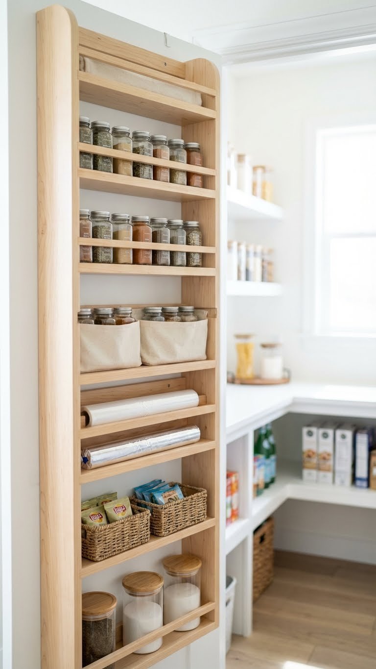 7 Genius Kitchen Pantry Closet Ideas For Ultimate Storage 13 Bright DIY pantry door organizer maximizes vertical space with shelves holding spices, wraps, and snacks for kitchen storage.