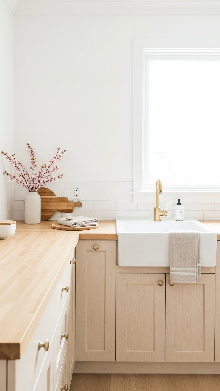 Bright Japanese kitchen with light wood countertops, beige cabinetry, bamboo accents, and white ceramic sink