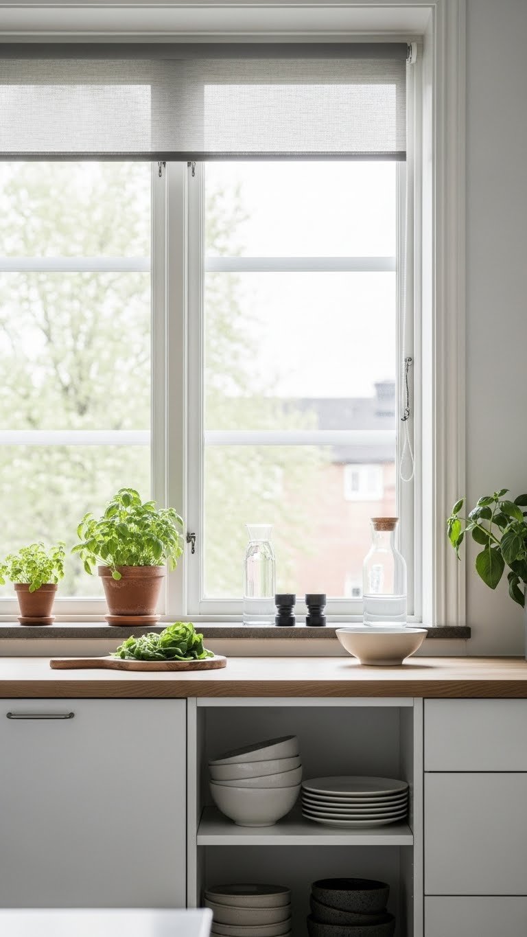 Bright Scandinavian kitchen interior with large windows and abundant natural light illuminating white walls