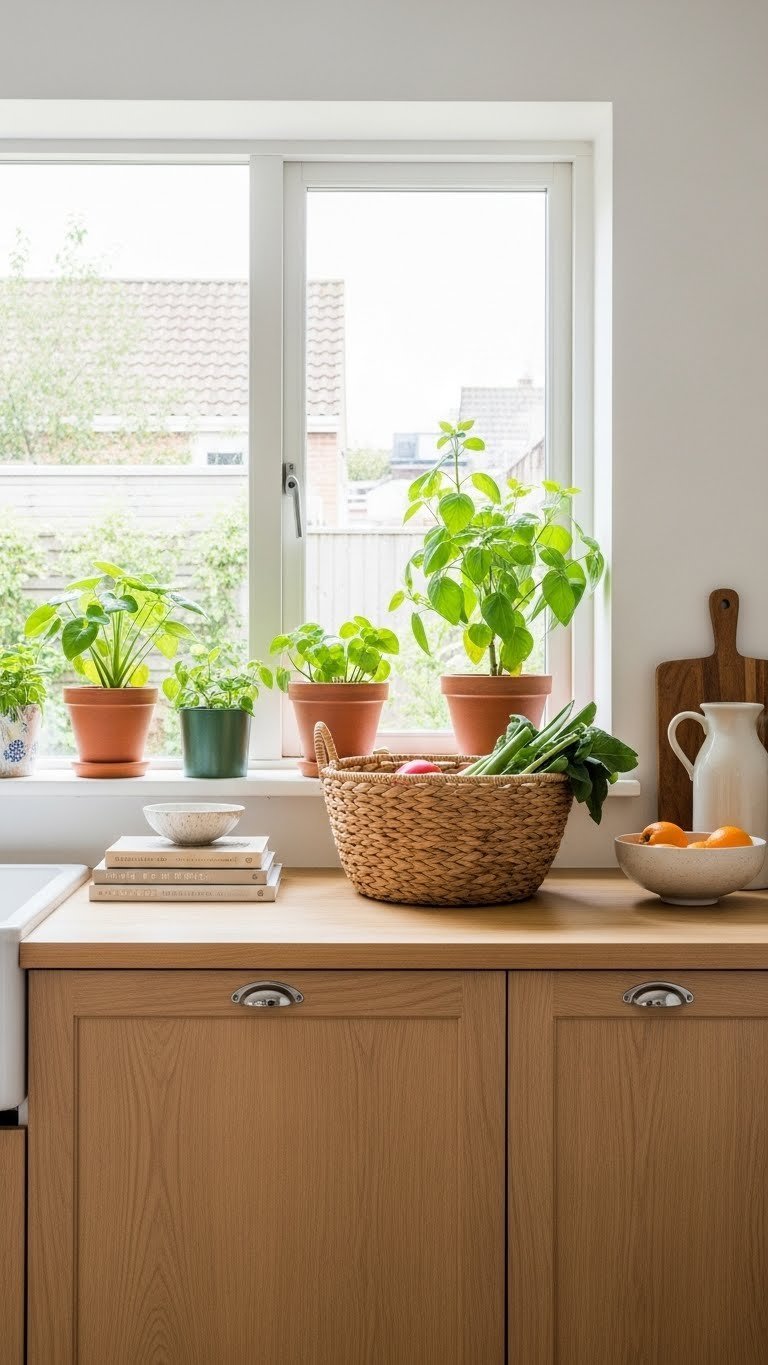 Bright Scandinavian kitchen with light wood cabinetry, vibrant green plants, woven basket of produce, and sunlit window backdrop