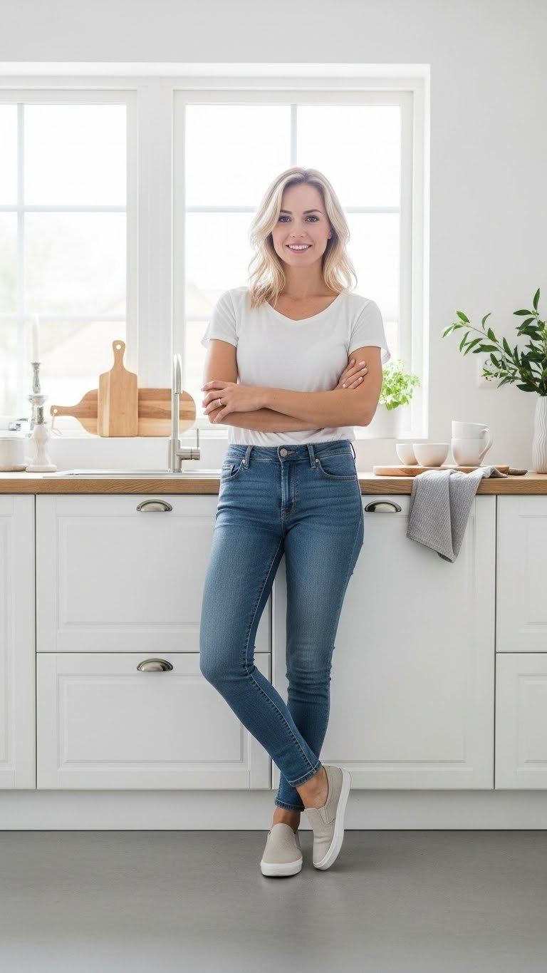 Bright Scandinavian kitchen with white cabinets, light wood countertops, and soft natural light streaming through large window