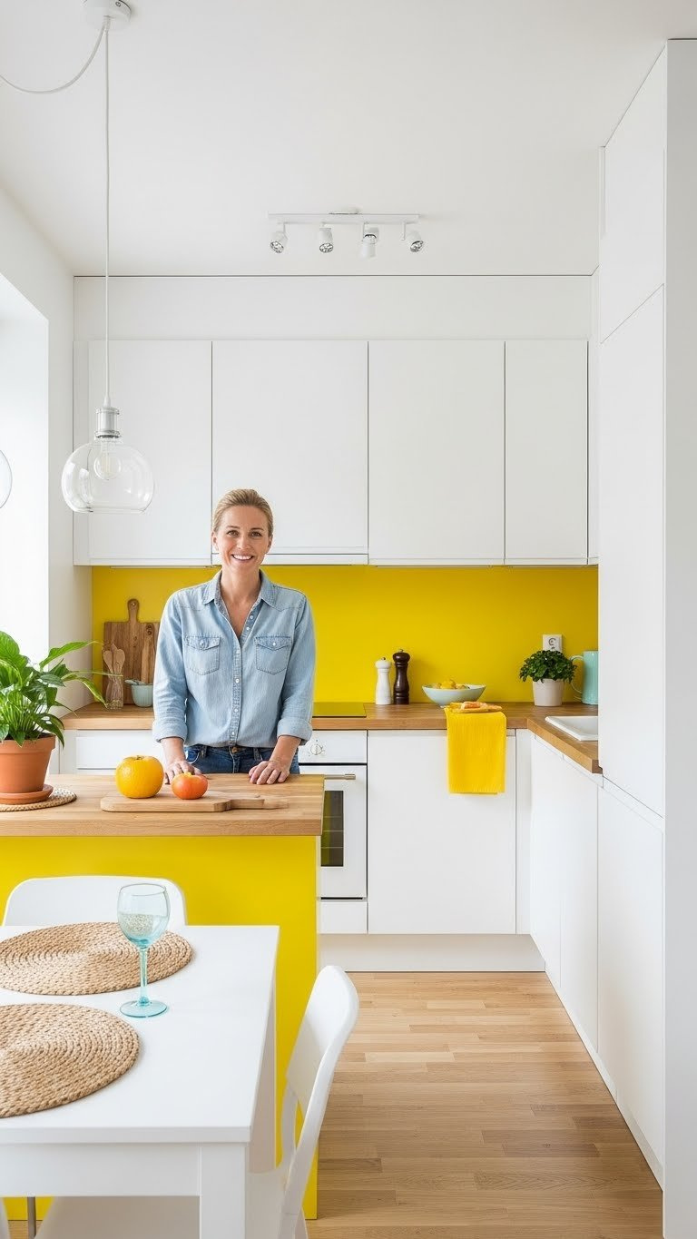 Bright Scandinavian kitchen with white minimalist cabinets, yellow accent wall, and light wood butcher block countertop.
