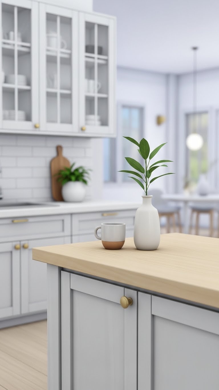Bright Sims 4 Scandi kitchen interior with white walls, light gray cabinetry, natural wood countertops, and minimalist decor elements.
