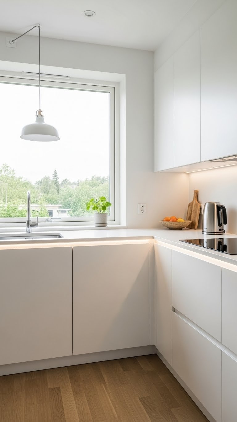 Bright U-shaped Scandinavian kitchen corner with natural light, light wood flooring, and minimalist pendant lighting over work surface