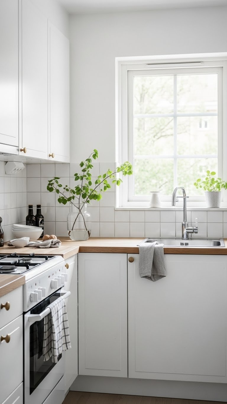 Bright airy Scandinavian kitchen with white walls, gray countertops, and natural light streaming through window