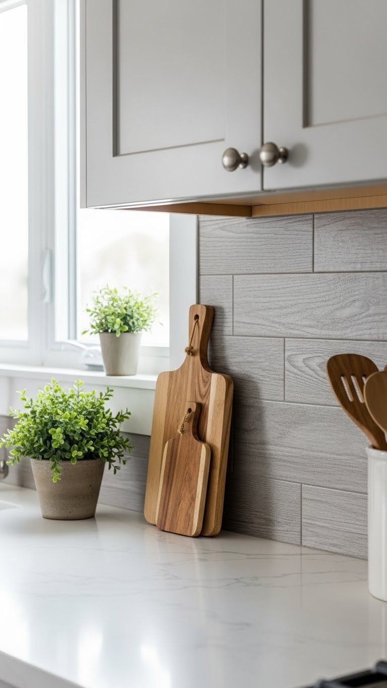 Bright airy kitchen backsplash with peel and stick faux wood tiles showing realistic grain patterns on clean white quartz countertop
