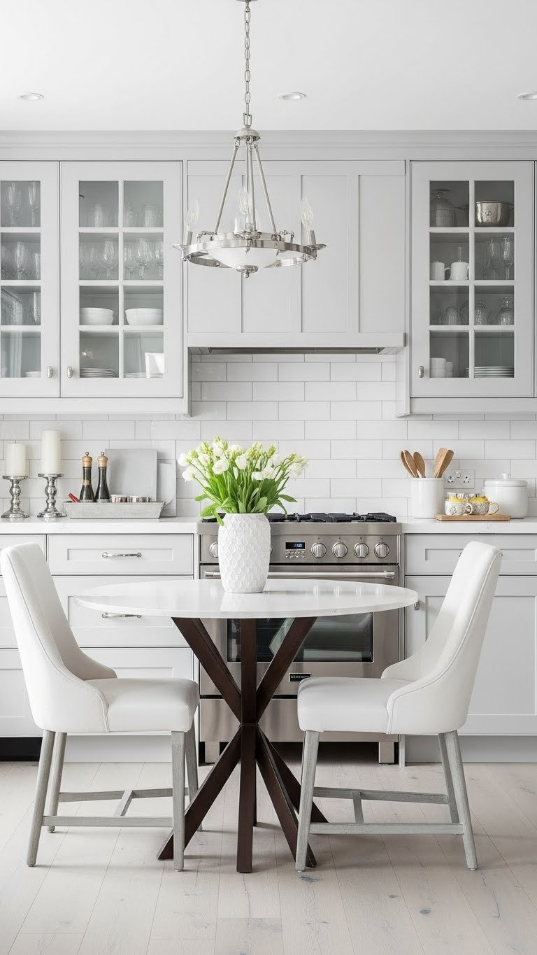 Bright airy kitchen with light color palette and reflective surfaces creating spacious illusion in compact eat-in space