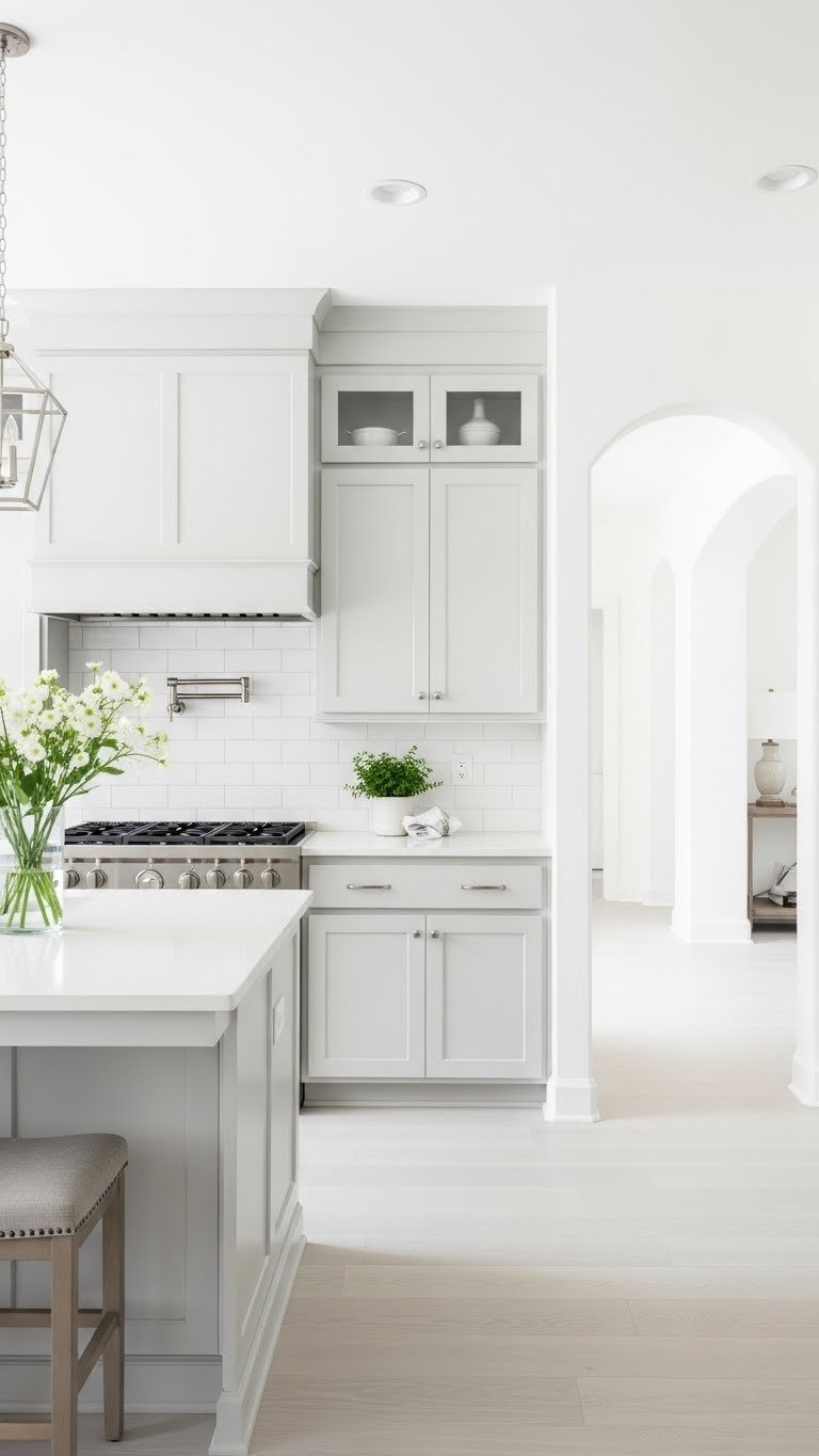 Bright airy kitchen with light-reflective materials including subway tile backsplash and high-gloss white countertops