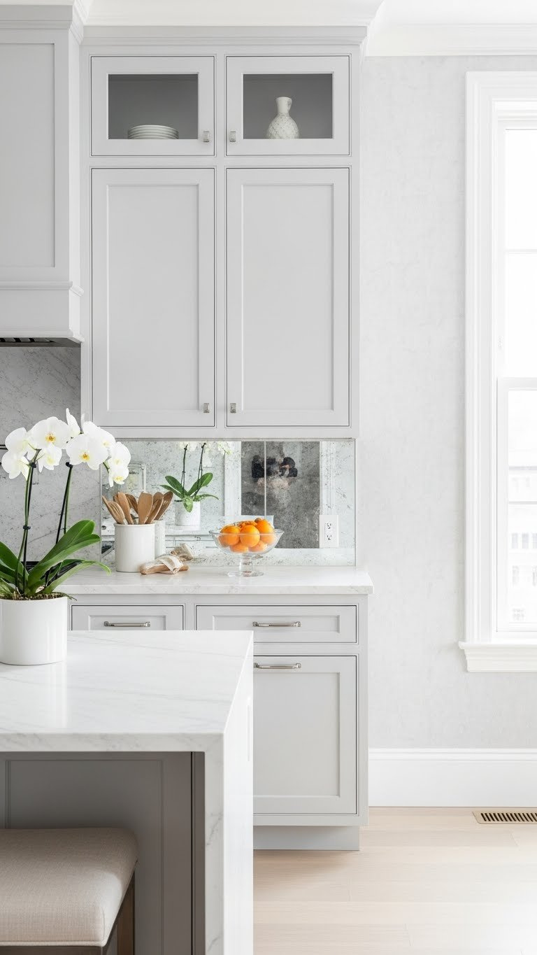 Bright airy kitchen with white cabinetry and reflective surfaces maximizing natural light for spacious feel